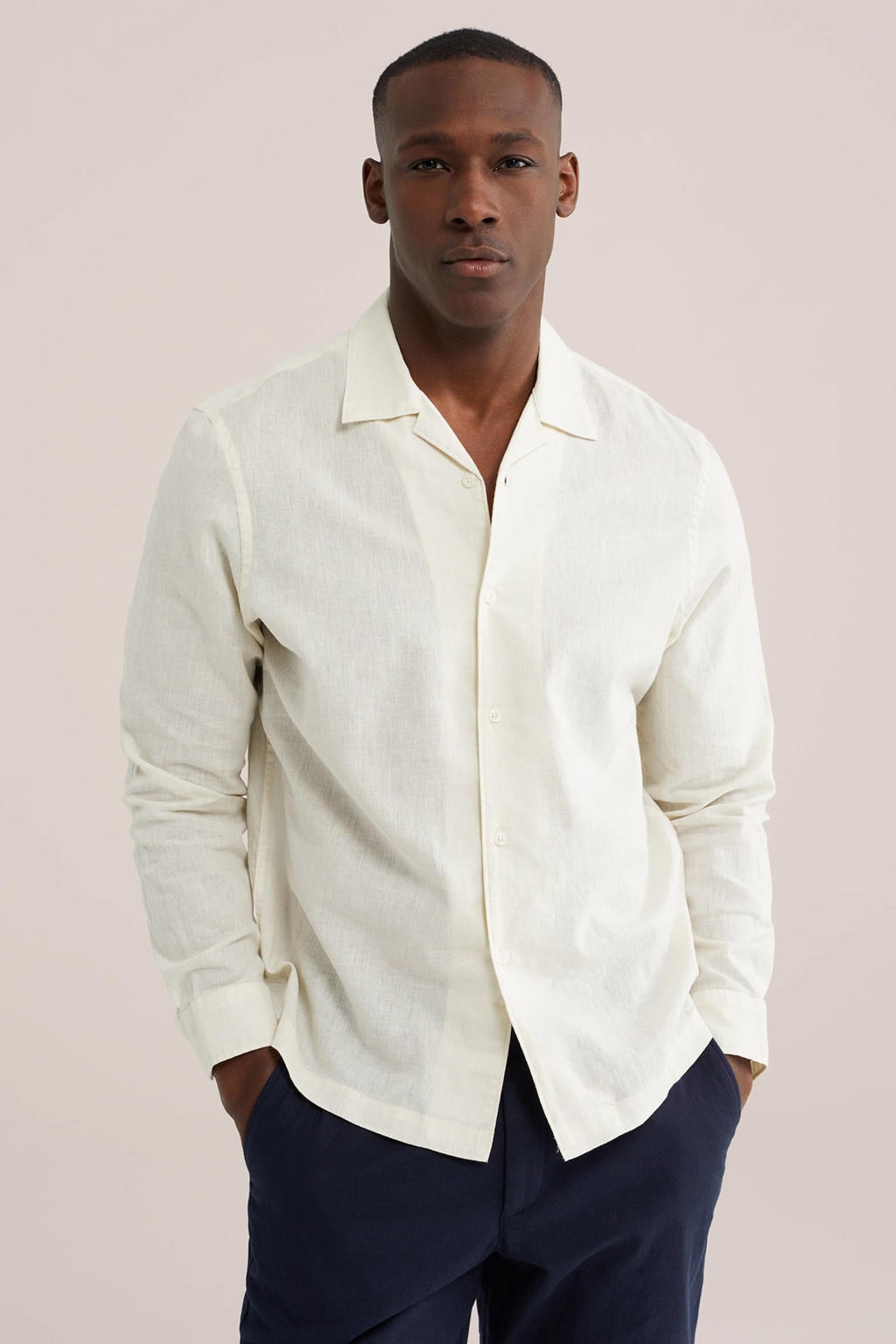 Ecru heren WE Fashion regular casual overhemd van linnen met effen, lange mouwen, reverskraag en knoopsluiting