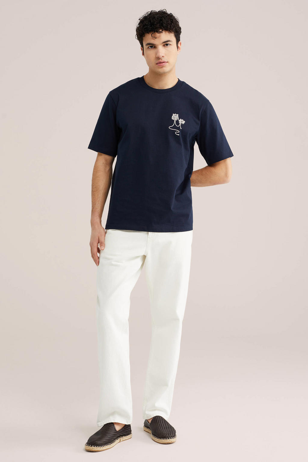 Donkerblauwe heren WE Fashion relaxed T-shirt van katoen met printopdruk, korte mouwen en ronde hals