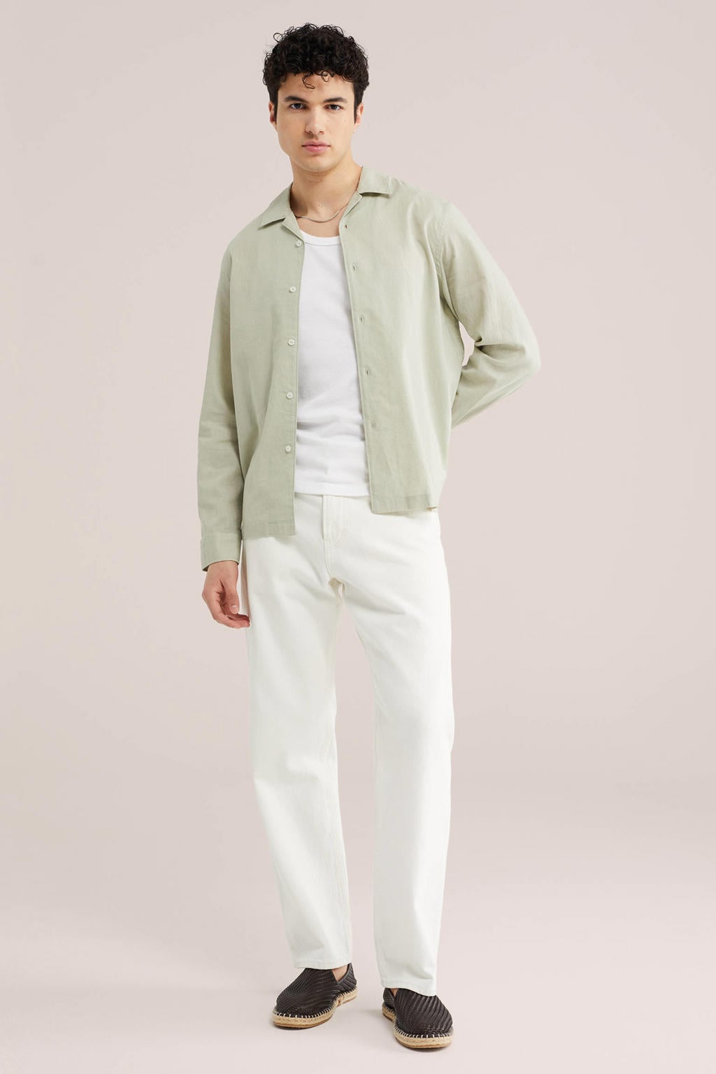 Lichtgroene heren WE Fashion regular casual overhemd van linnen met effen, lange mouwen, reverskraag en knoopsluiting