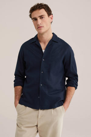 regular casual overhemd met linnen donkerblauw