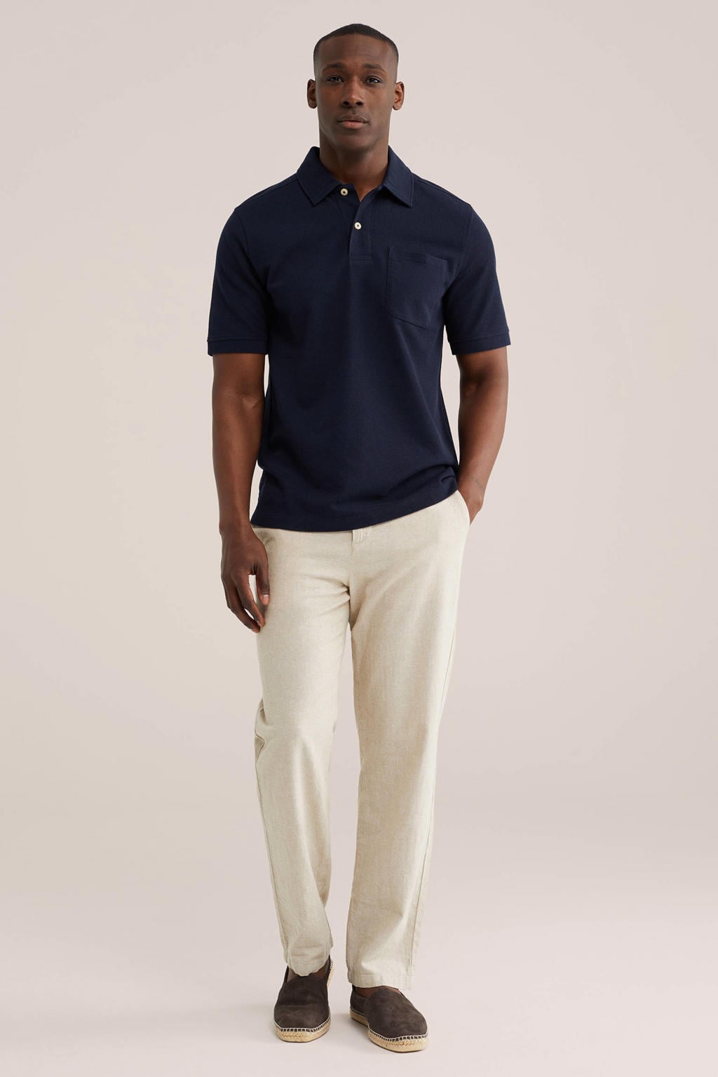 Donkerblauwe heren WE Fashion regular polo van katoen met effen, korte mouwen en knoopsluiting