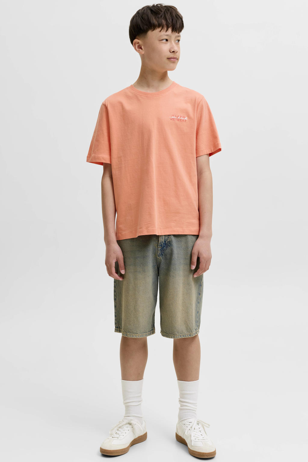 Oranje jongens JACK & JONES JUNIOR T-shirt van katoen met backprint, korte mouwen en ronde hals