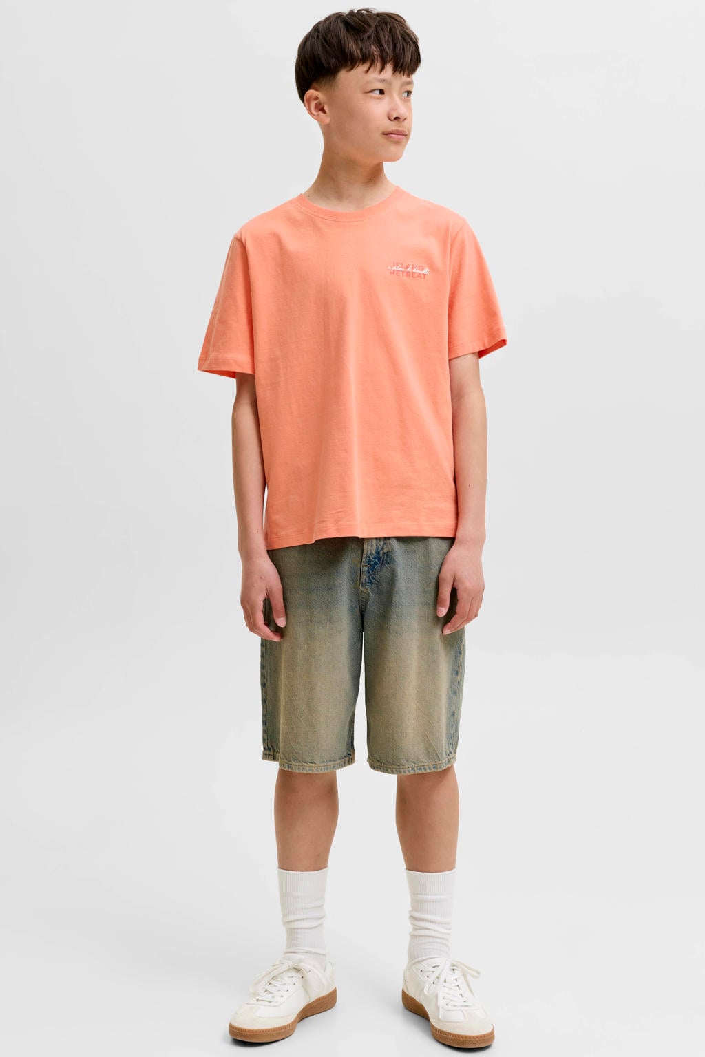 Oranje jongens JACK & JONES JUNIOR T-shirt van katoen met backprint, korte mouwen en ronde hals