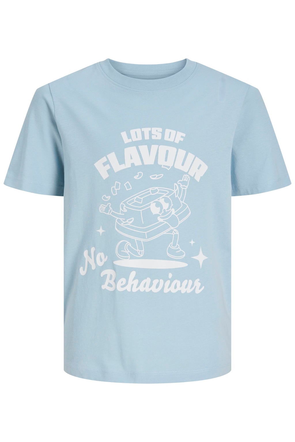 Lichtblauwe jongens JACK & JONES JUNIOR T-shirt van katoen met printopdruk, korte mouwen en ronde hals