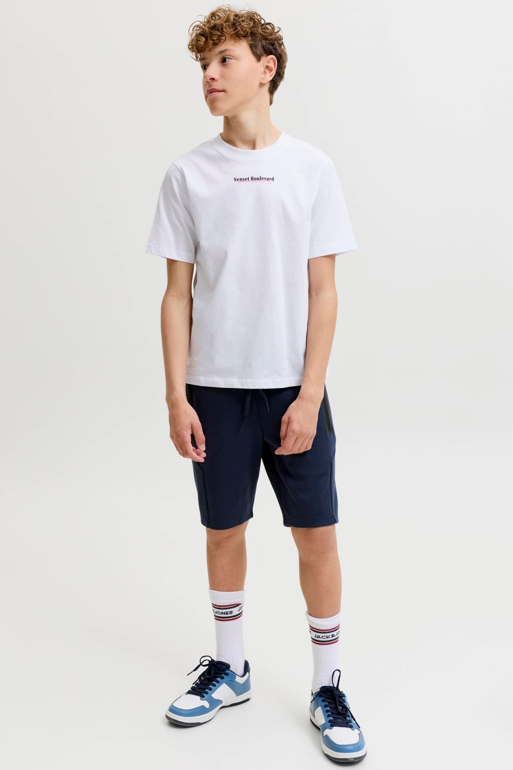Witte jongens JACK & JONES JUNIOR T-shirt van katoen met backprint, korte mouwen en ronde hals
