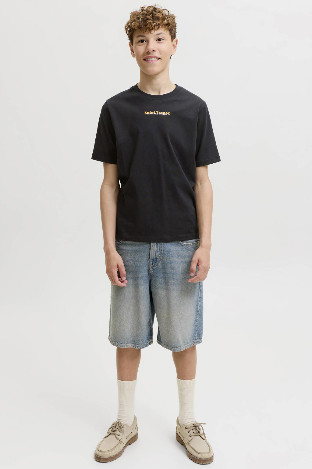 Zwarte jongens JACK & JONES JUNIOR T-shirt van katoen met backprint, korte mouwen en ronde hals