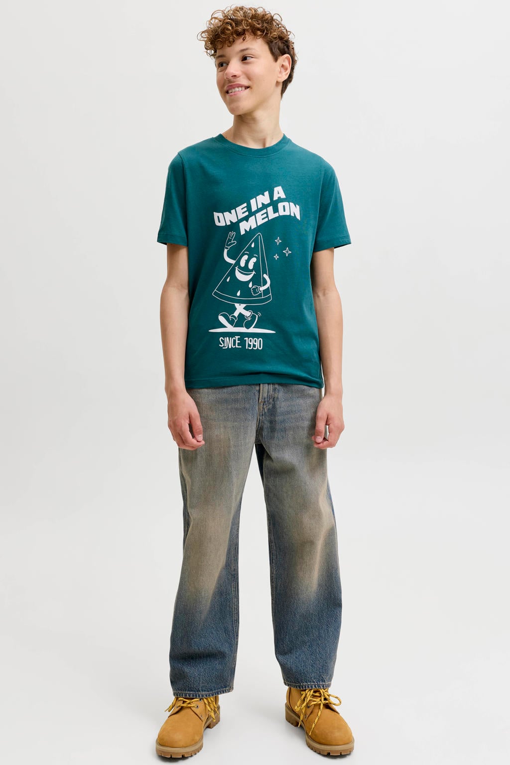Donkergroene jongens JACK & JONES JUNIOR T-shirt van katoen met printopdruk, korte mouwen en ronde hals