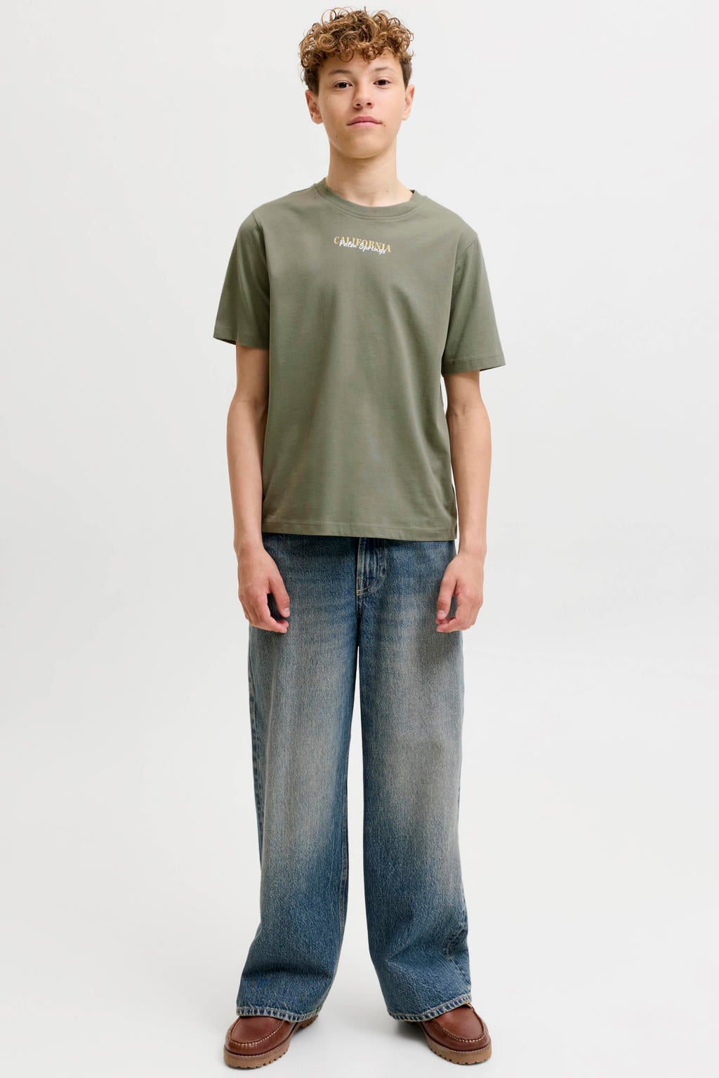 Groene jongens JACK & JONES JUNIOR T-shirt van katoen met backprint, korte mouwen en ronde hals