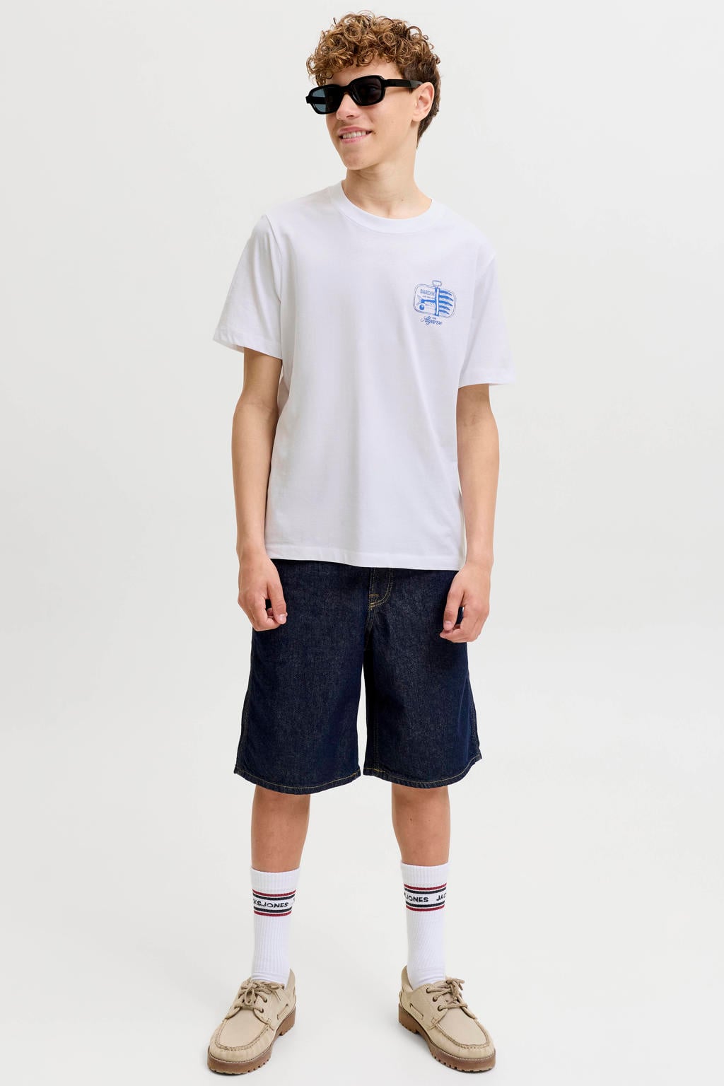 Witte jongens JACK & JONES JUNIOR T-shirt van katoen met backprint, korte mouwen en ronde hals