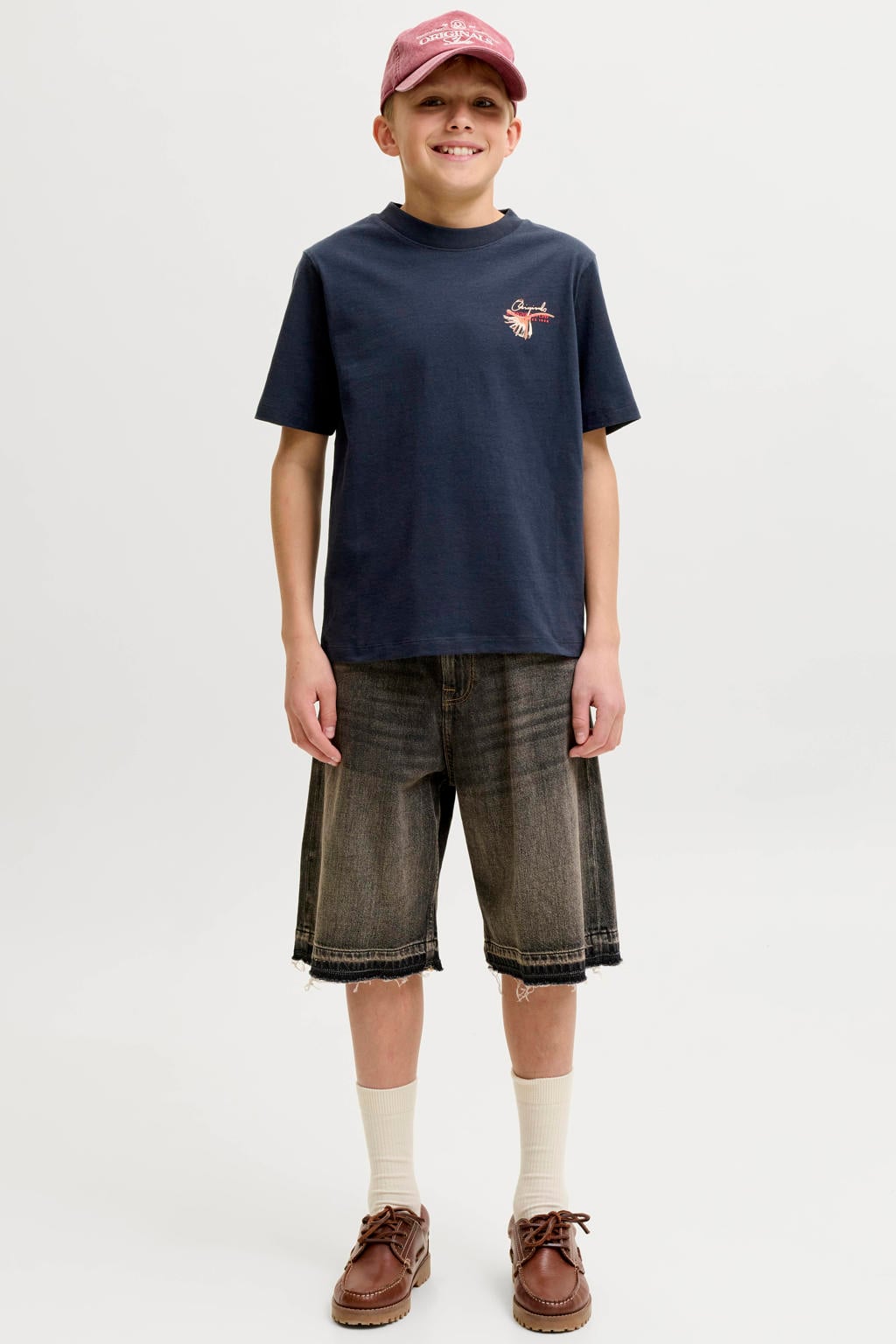 Donkerblauwe jongens JACK & JONES JUNIOR T-shirt van katoen met backprint, korte mouwen en ronde hals