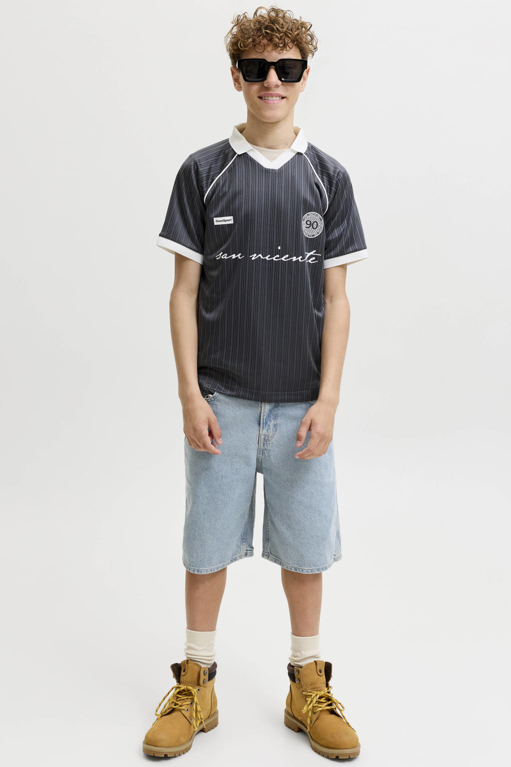 Light blue denim jongens JACK & JONES JUNIOR high waist short van katoen met loose fit, rits- en knoopsluiting en effen