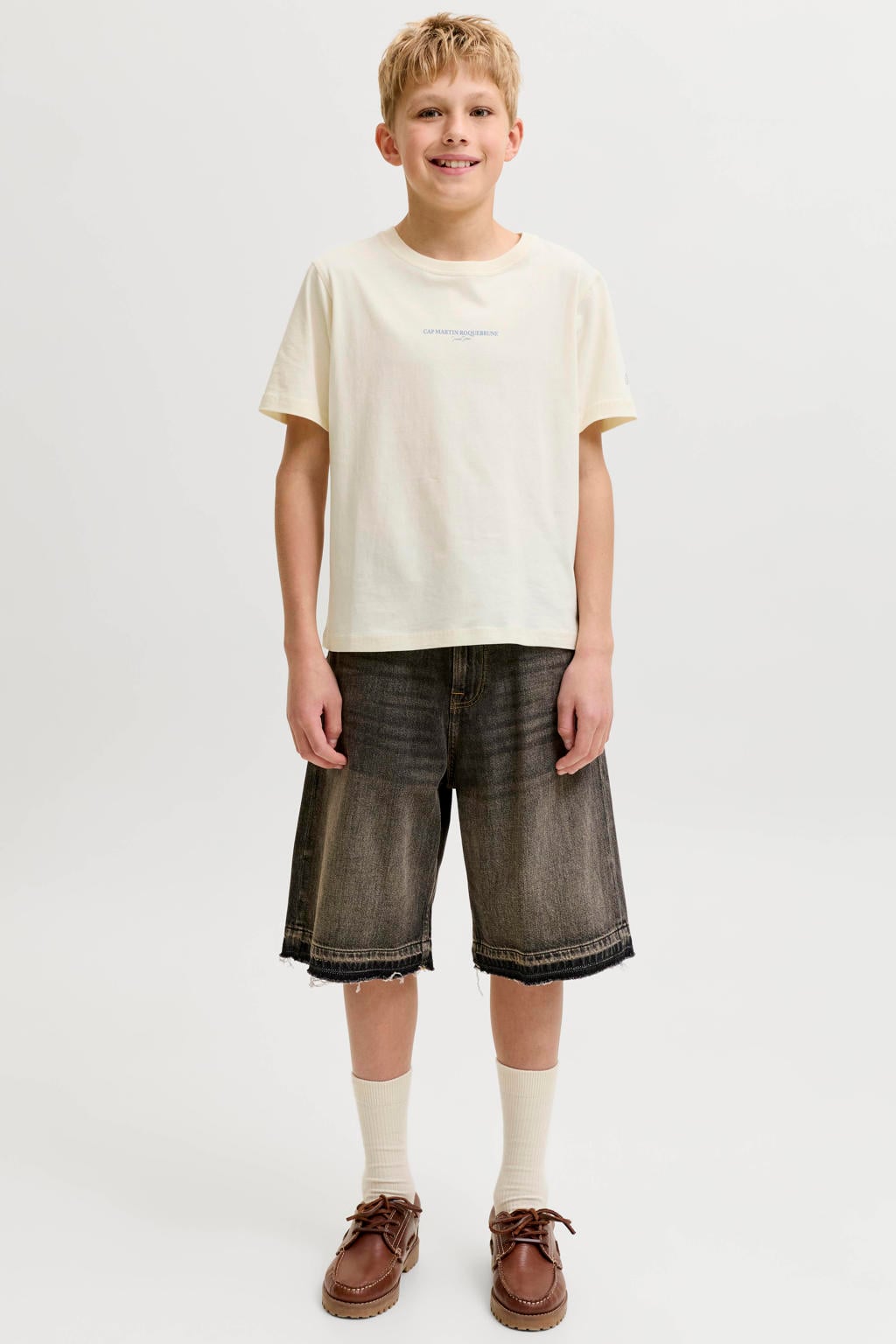 Ecru jongens JACK & JONES JUNIOR T-shirt van katoen met backprint, korte mouwen en ronde hals