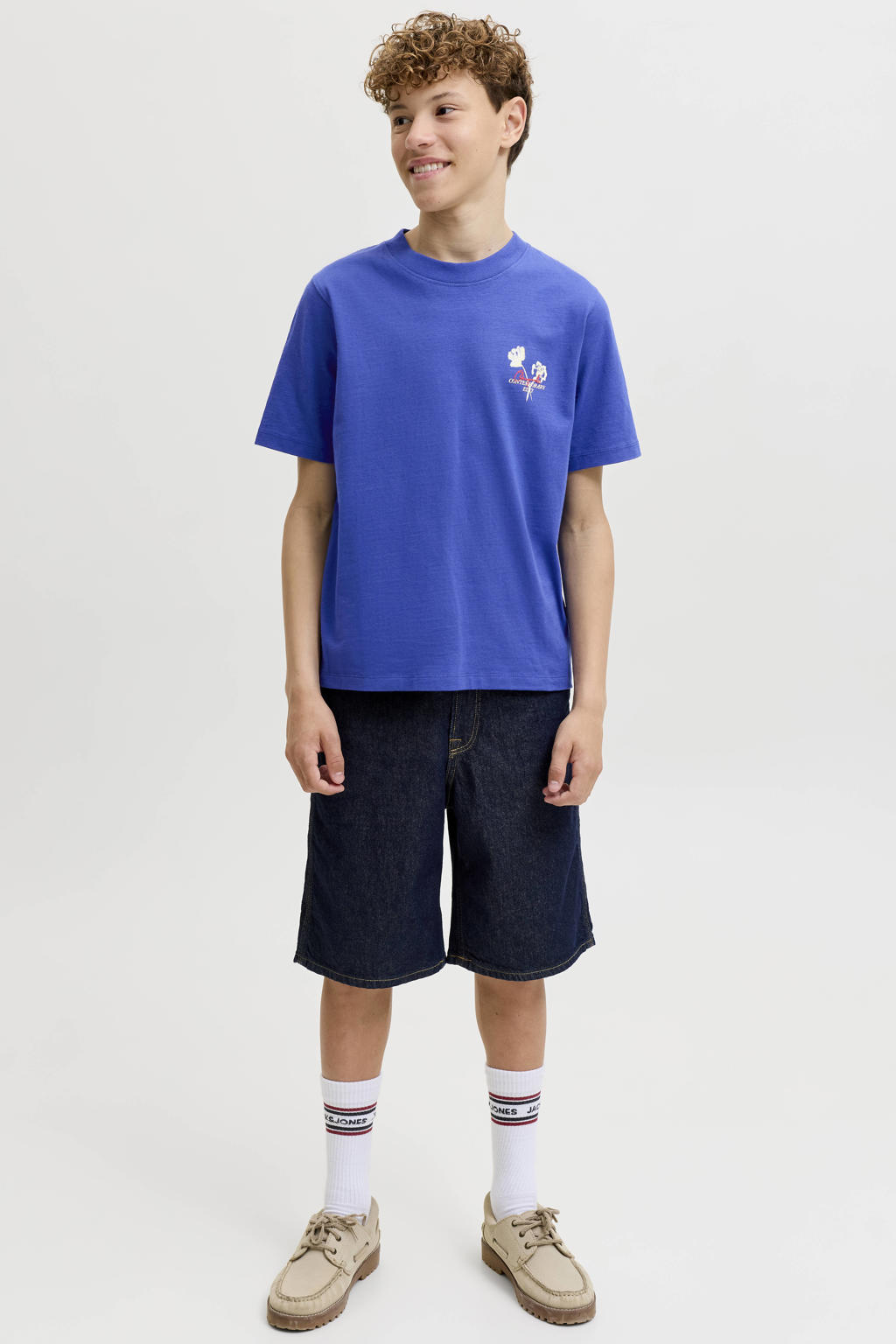 Blauwe jongens JACK & JONES JUNIOR T-shirt van katoen met backprint, korte mouwen en ronde hals