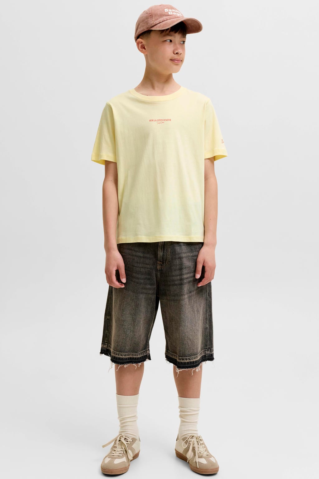 Lichtgele jongens JACK & JONES JUNIOR T-shirt van katoen met backprint, korte mouwen en ronde hals