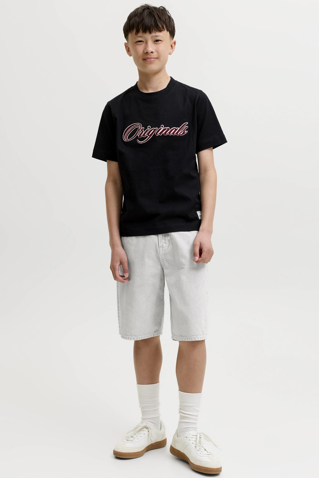 Ecru jongens JACK & JONES JUNIOR jorts high waist van denim met loose fit en effen
