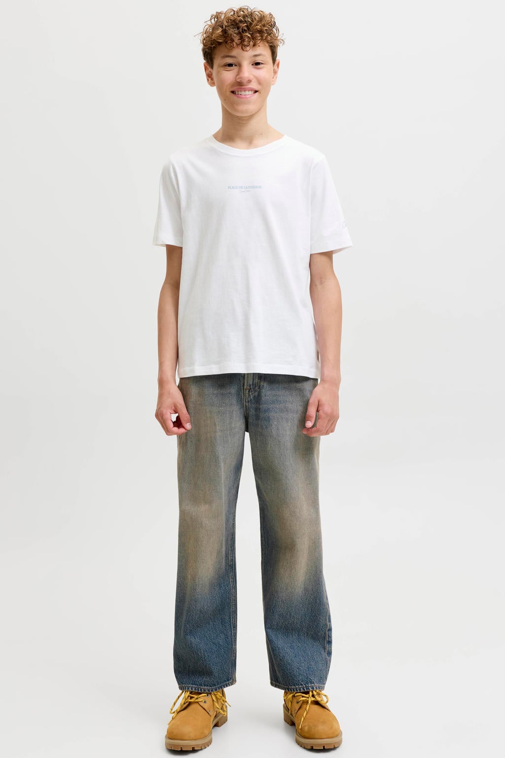 Witte jongens JACK & JONES JUNIOR T-shirt van katoen met backprint, korte mouwen en ronde hals