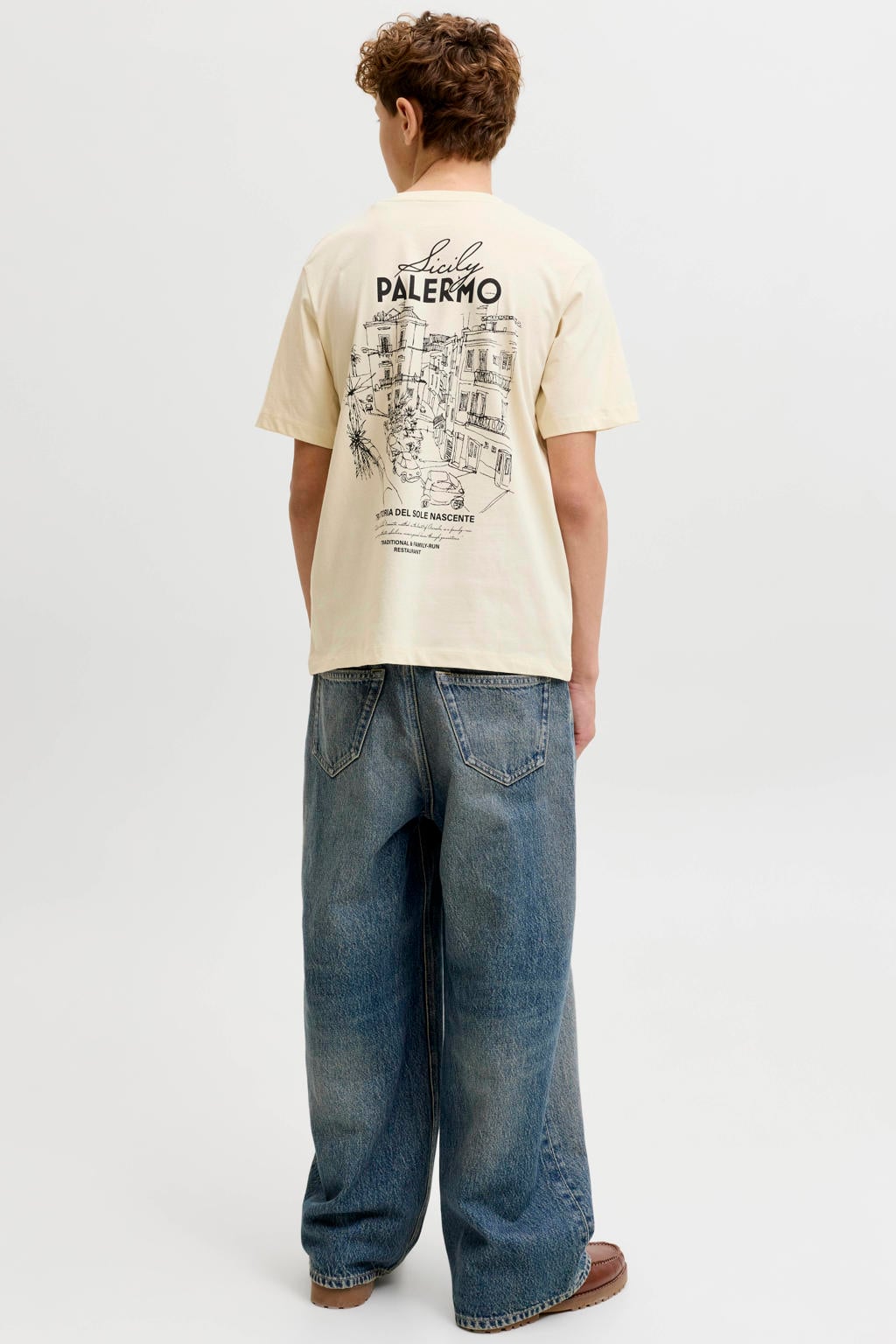 Ecru jongens JACK & JONES JUNIOR T-shirt van katoen met backprint, korte mouwen en ronde hals