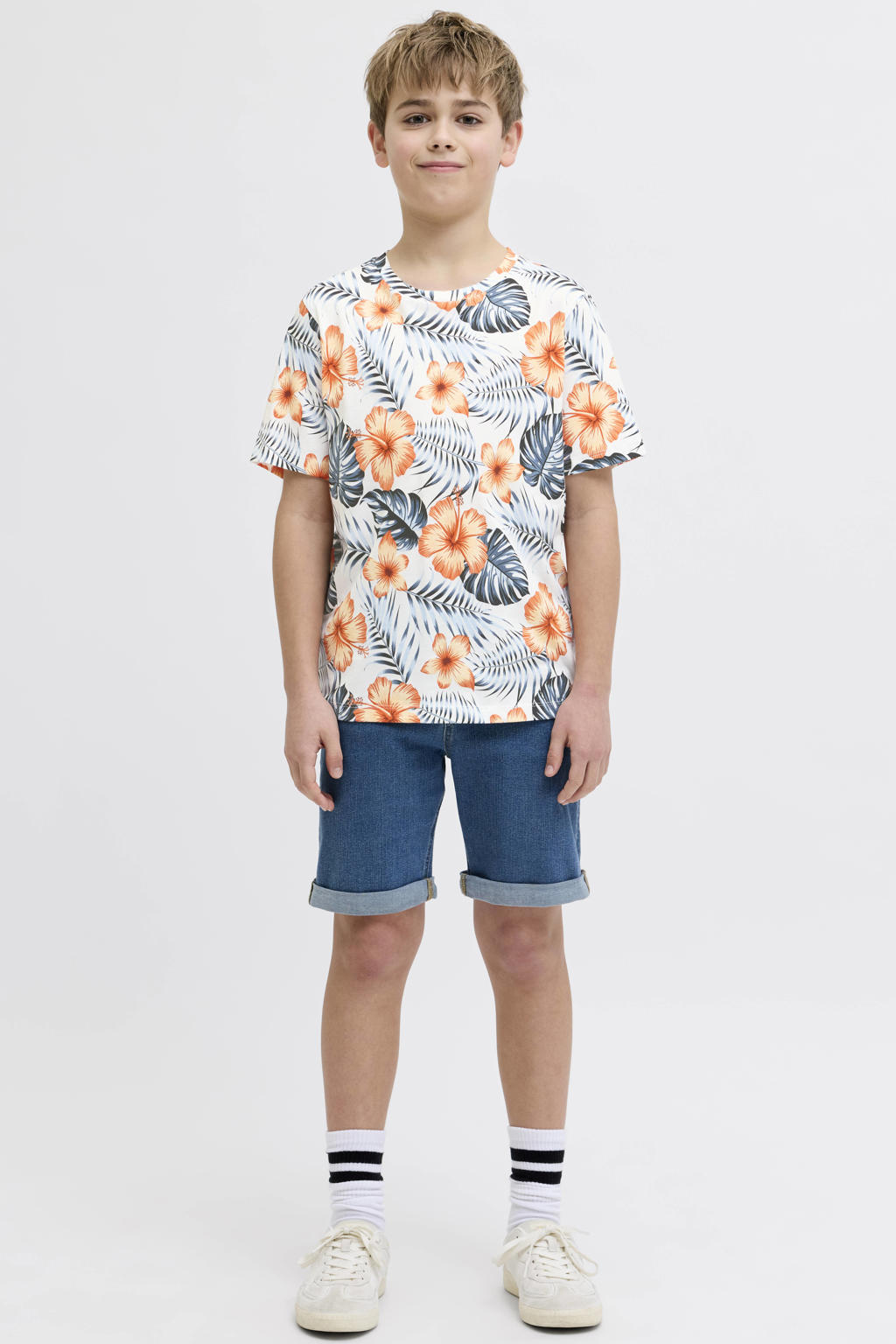 Wit, oranje en blauwe jongens JJ REBEL JUNIOR T-shirt van katoen met korte mouwen en ronde hals