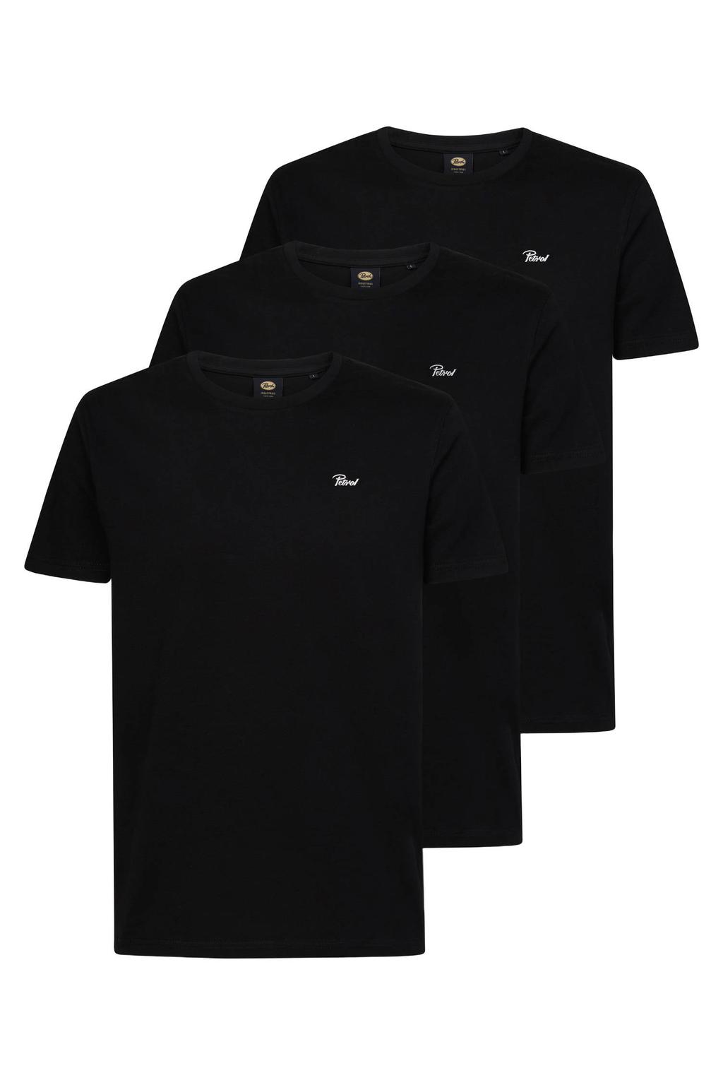 Zwarte heren Petrol Industries regular T-shirt set van 3 van katoen met effen, korte mouwen en ronde hals