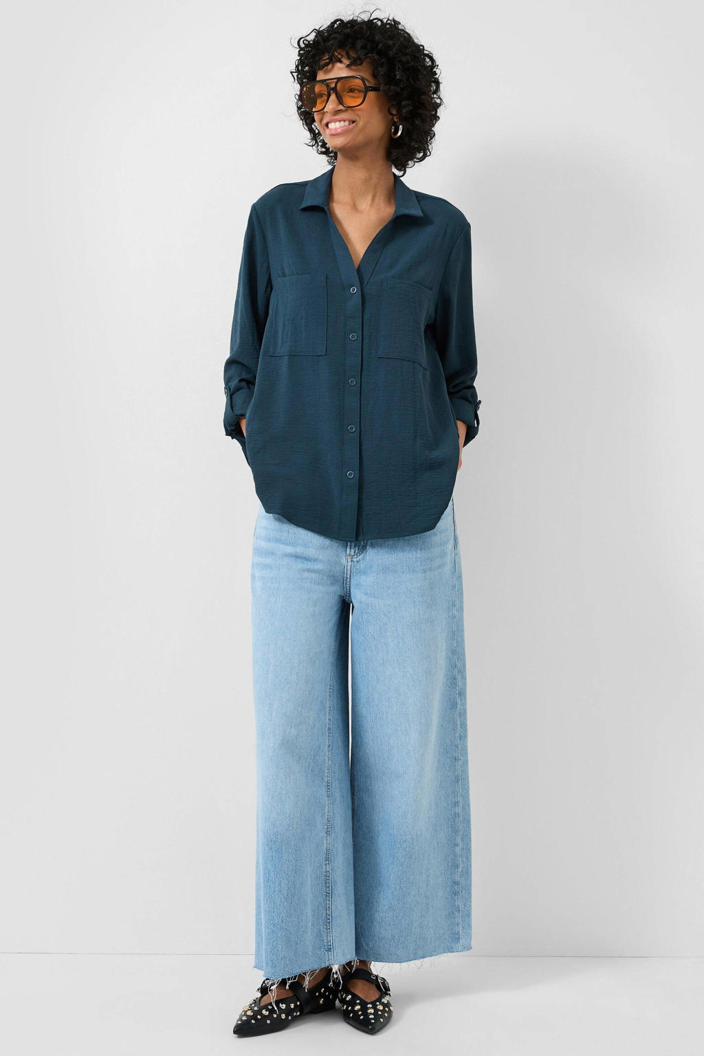 Donkerblauwe dames QS blouse van polyester met effen, lange mouwen, klassieke kraag en knoopsluiting