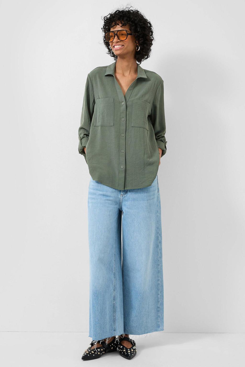 Donkergroene dames QS blouse van polyester met effen, lange mouwen, klassieke kraag en knoopsluiting
