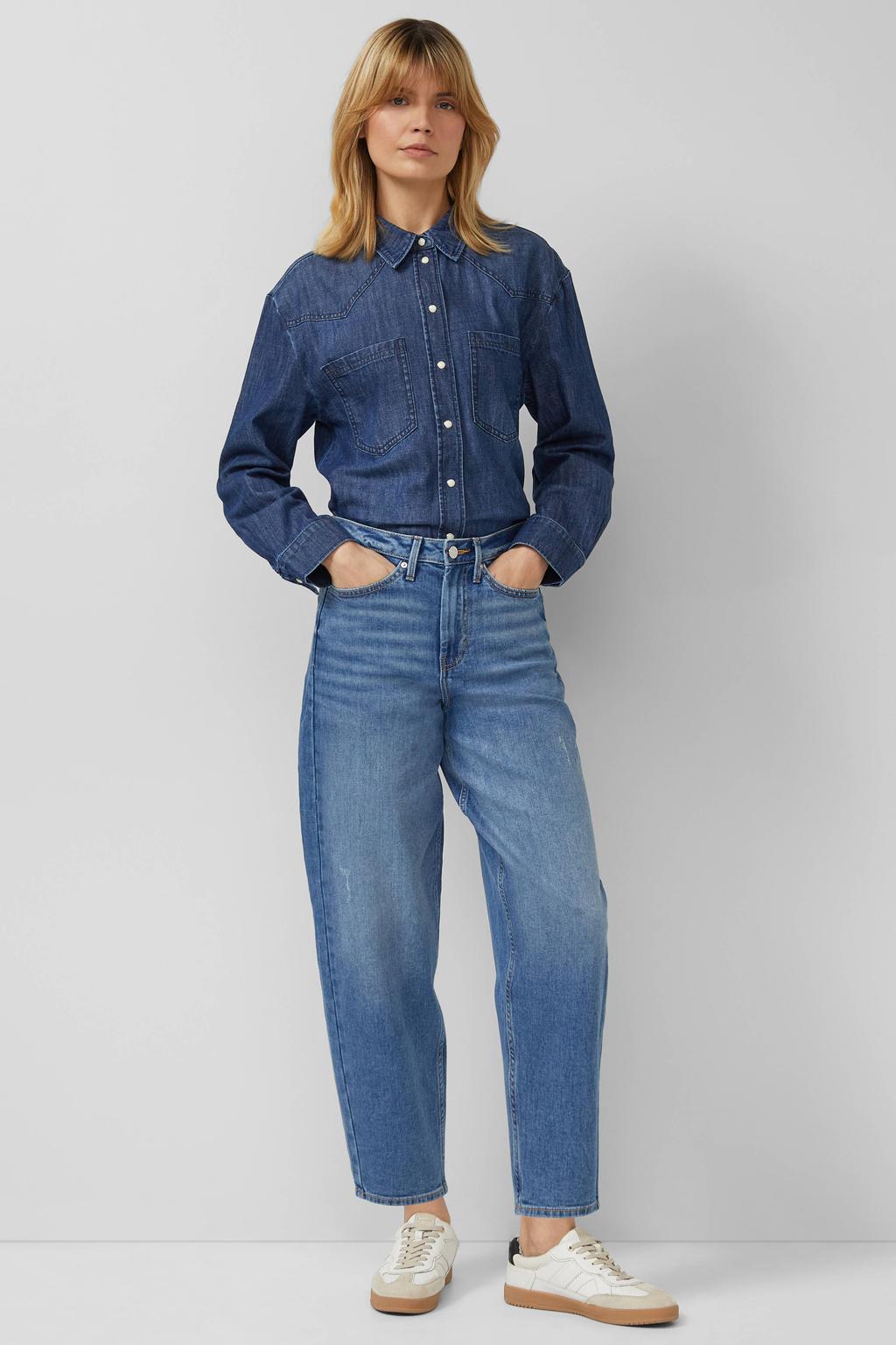 Medium blue denim dames s.Oliver high waist barrel jeans van denim met rits- en knoopsluiting en effen