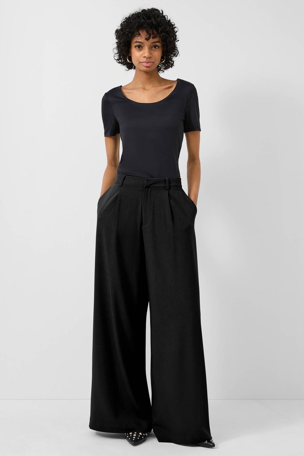 Zwarte dames QS wide leg high waist palazzo broek met rits- en knoopsluiting en effen