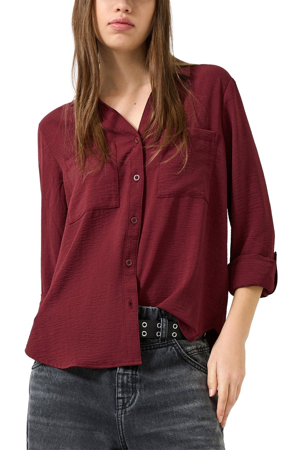 Donkerrode dames QS blouse van polyester met effen, lange mouwen, klassieke kraag en knoopsluiting