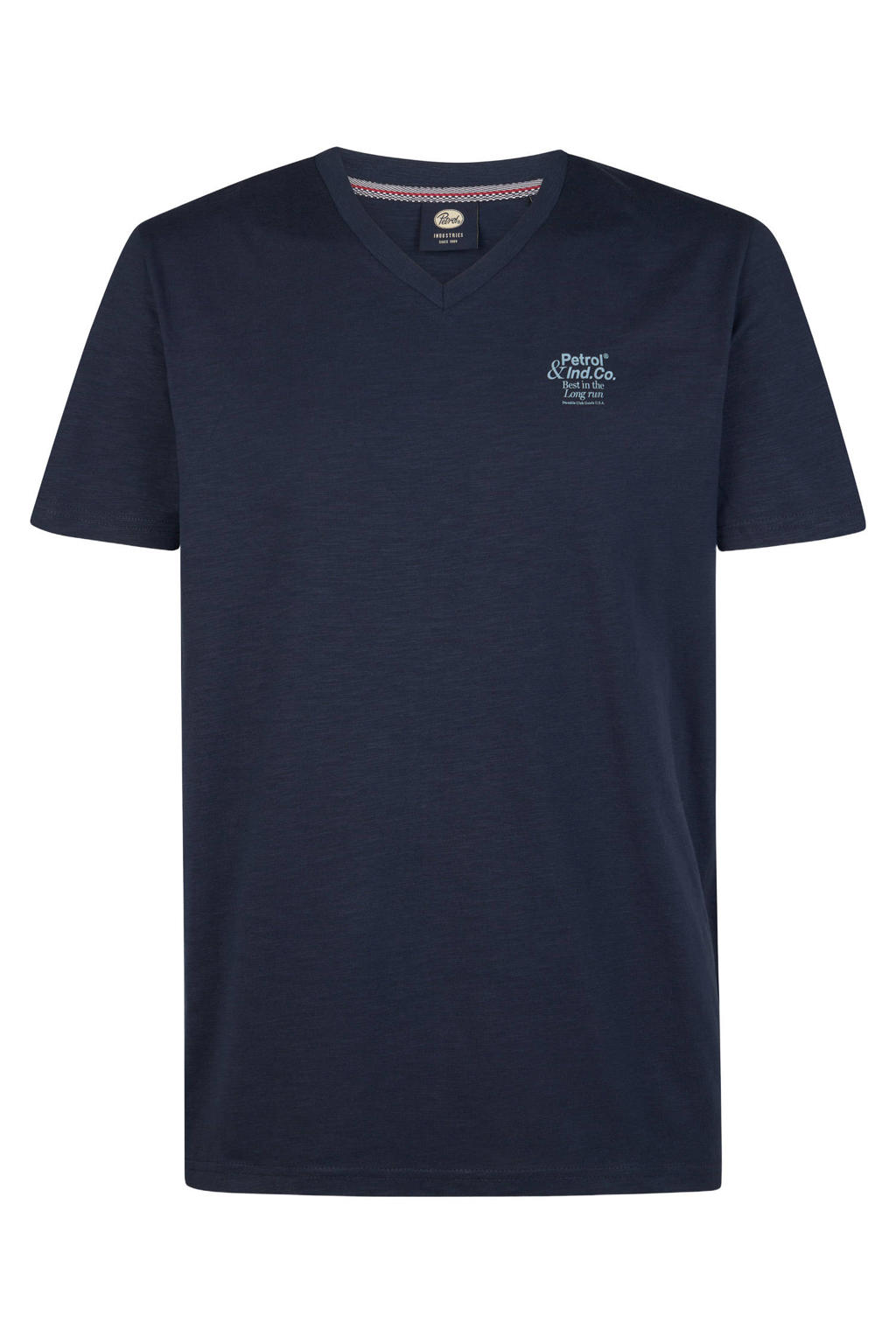 Donkerblauwe heren Petrol Industries regular T-shirt van katoen met melée print, korte mouwen en V-hals