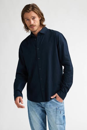 regular casual overhemd met linnen donkerblauw