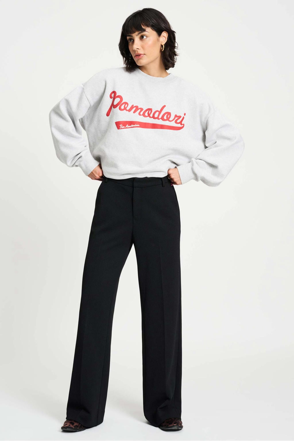 Zwarte dames POM Amsterdam wide leg high waist broek met haaksluiting en tekst print