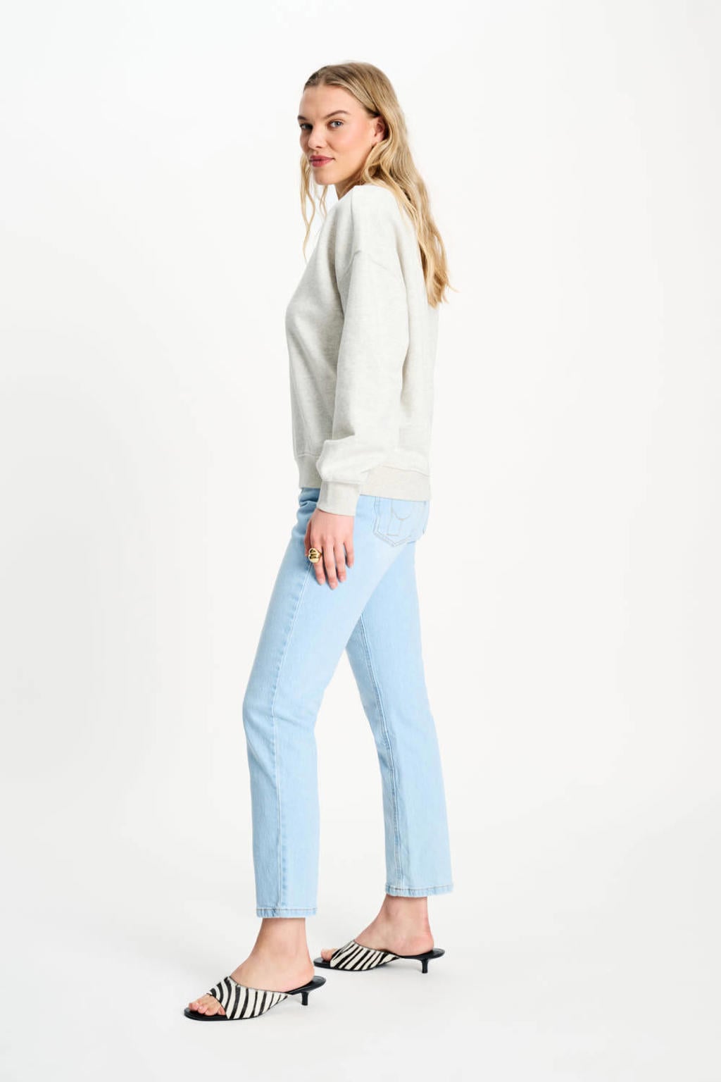 Lichtgrijze dames Amsterdam trui van sweat materiaal met effen, lange mouwen en ronde hals