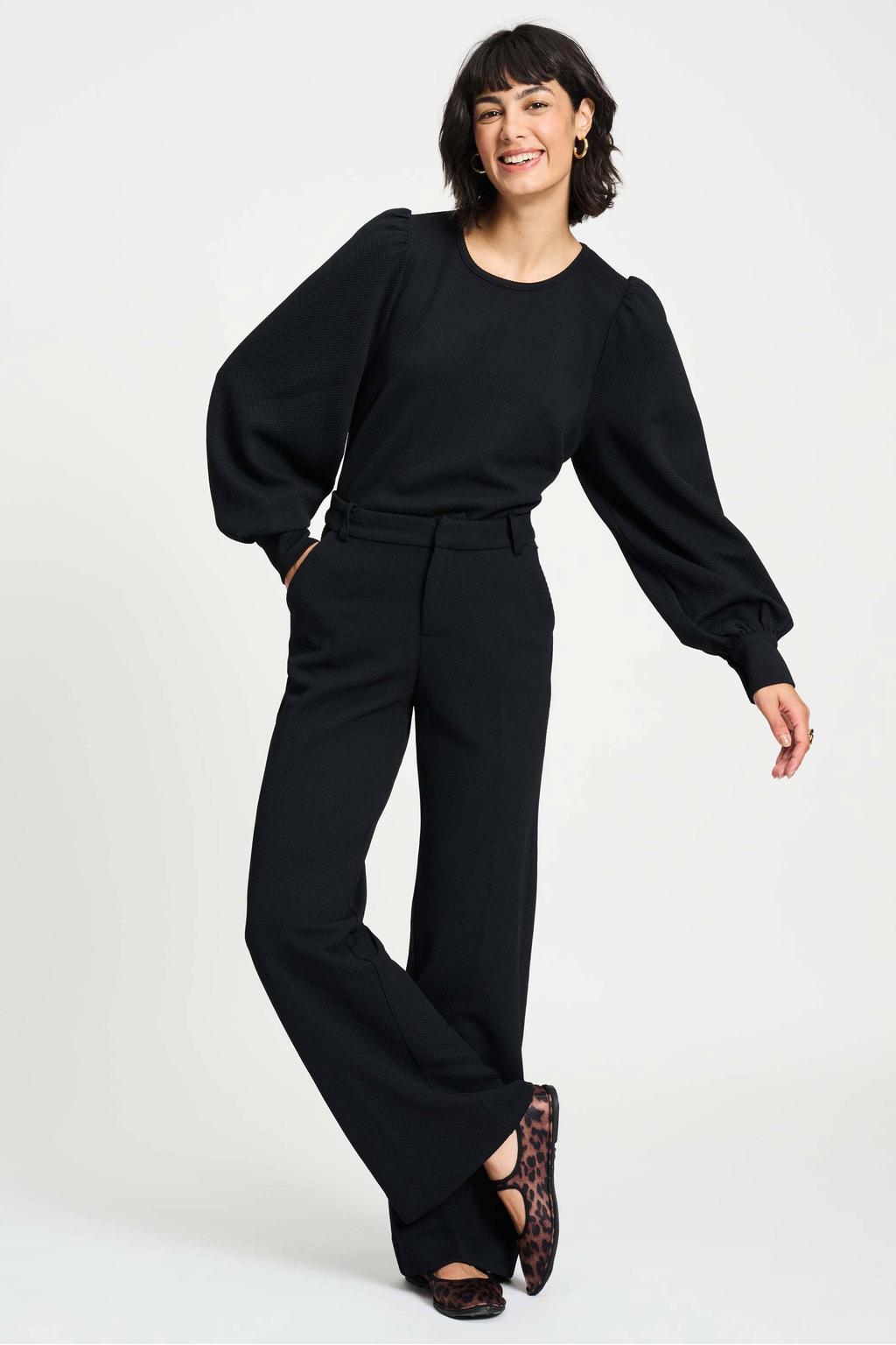 Zwarte dames POM Amsterdam top van polyester met effen, lange mouwen en ronde hals