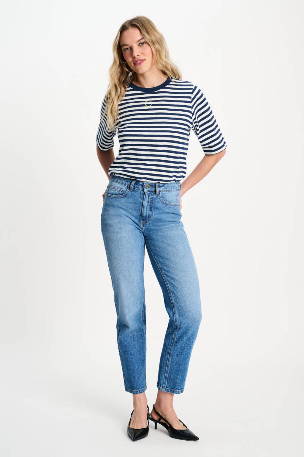 Light blue denim dames POM Amsterdam van denim met high waist, rits- en knoopsluiting en effen