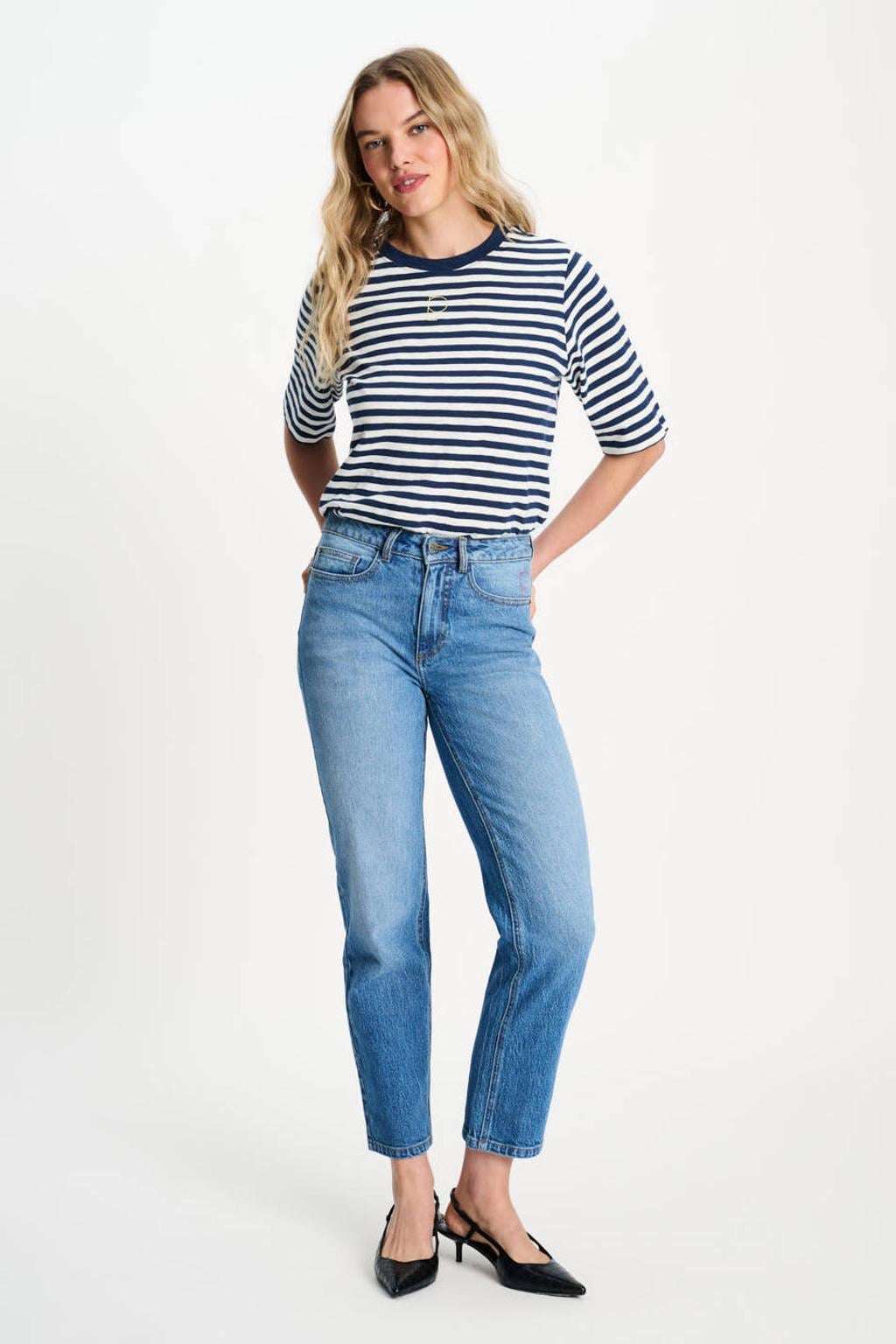 Light blue denim dames POM Amsterdam van denim met high waist, rits- en knoopsluiting en effen