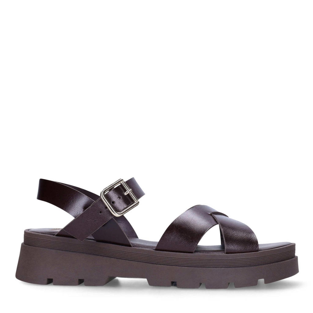 Bruine dames Manfield chunky leren sandalen met gesp