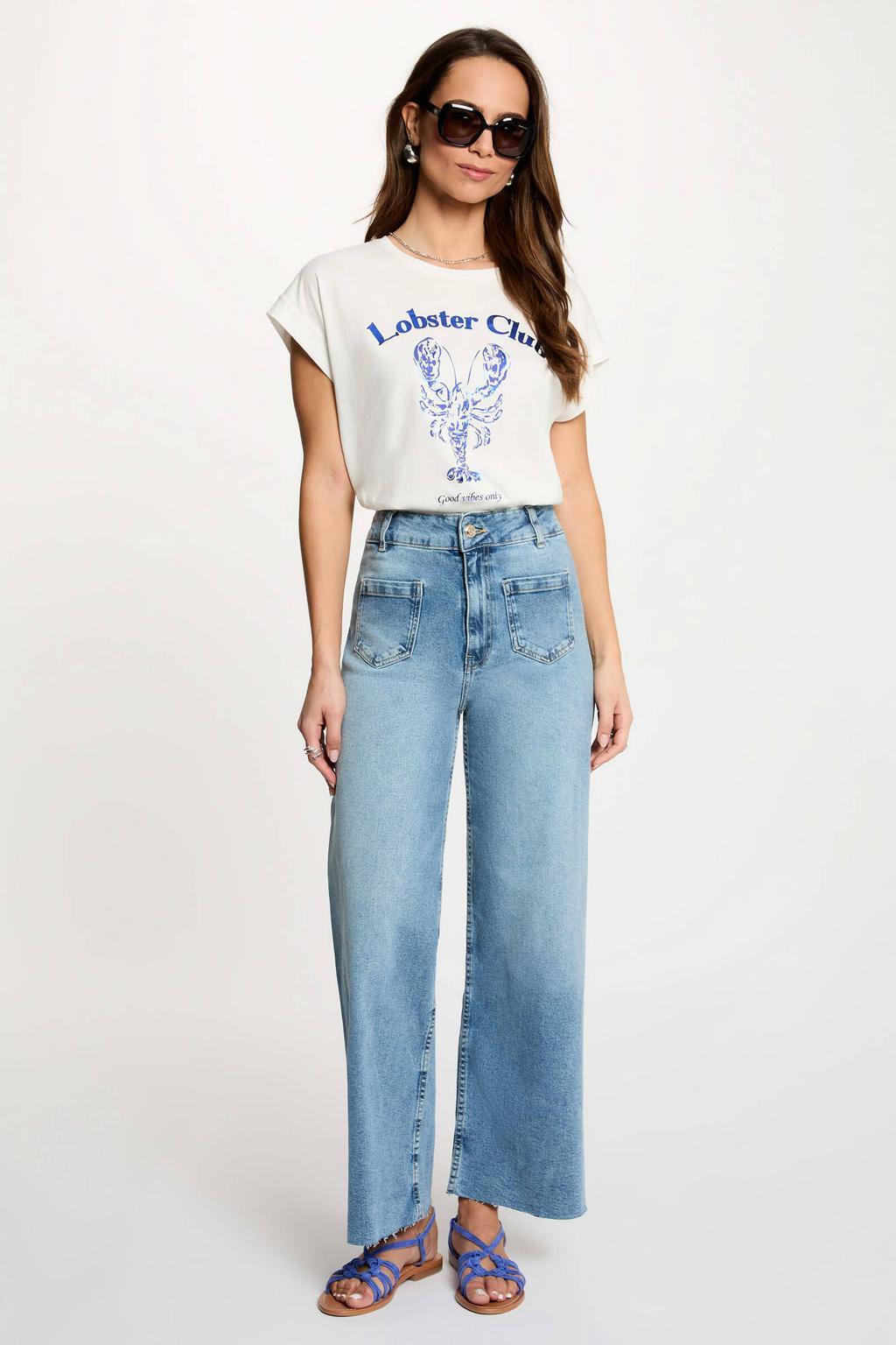 Wit en blauwe dames Morgan top met korte mouwen en ronde hals