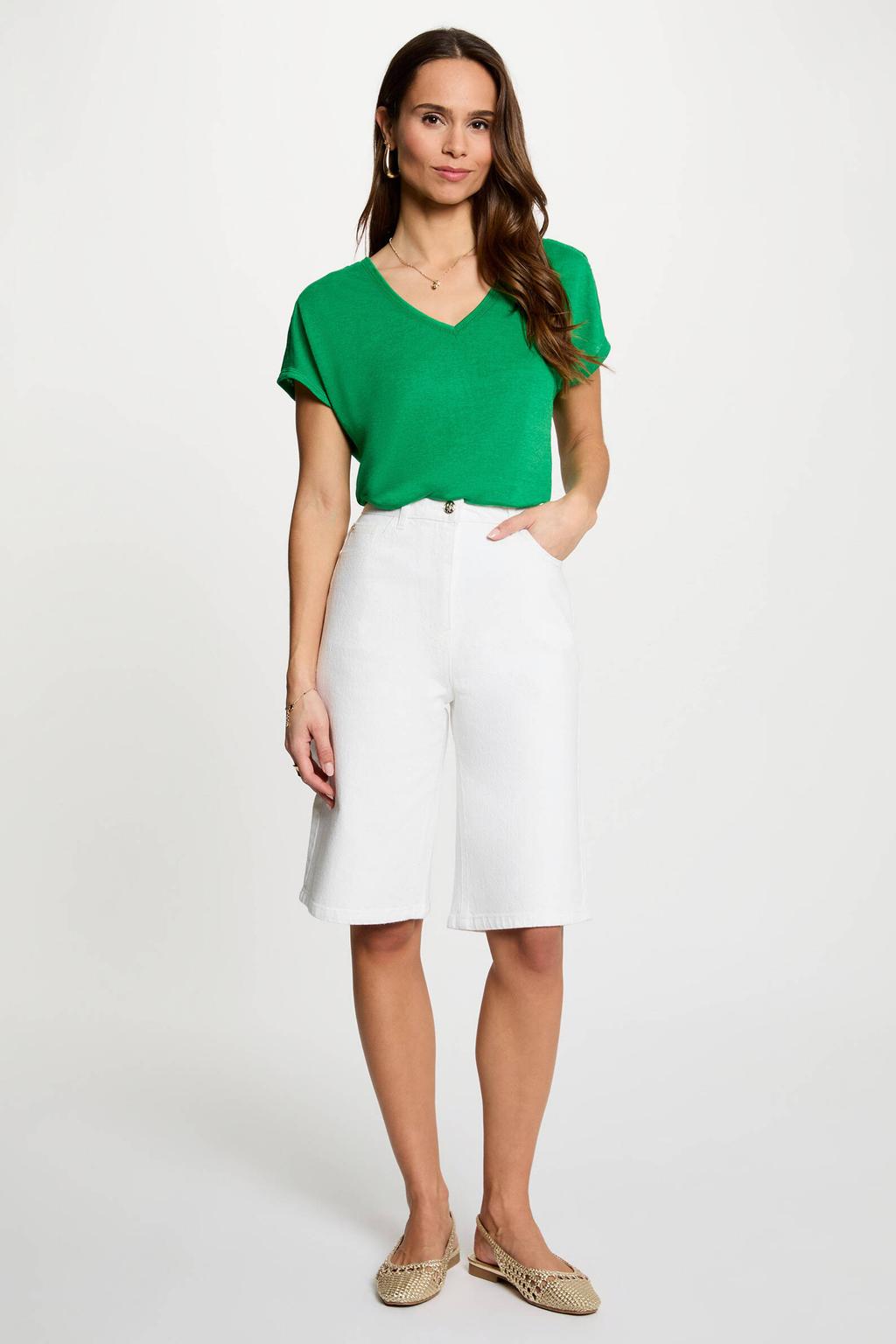 Groene dames Morgan top van polyester met effen, korte mouwen, V-hals en sierbandjes