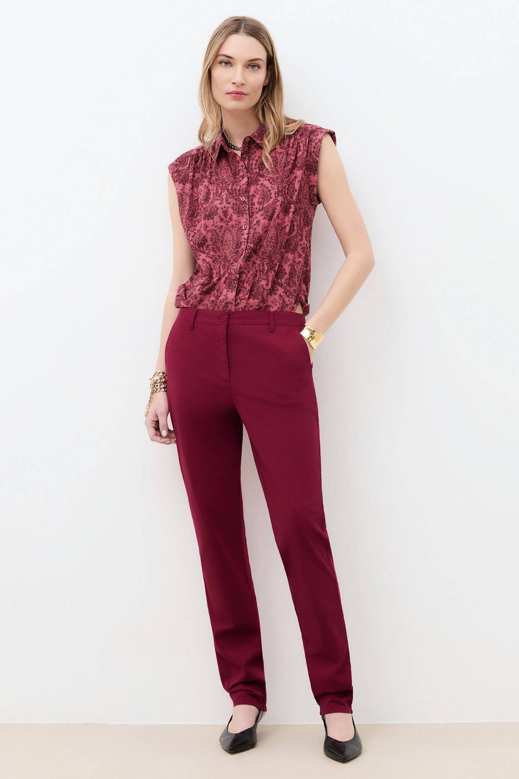 Donkerrode dames Caroll straight chino van katoen met regular waist, rits- en knoopsluiting en effen