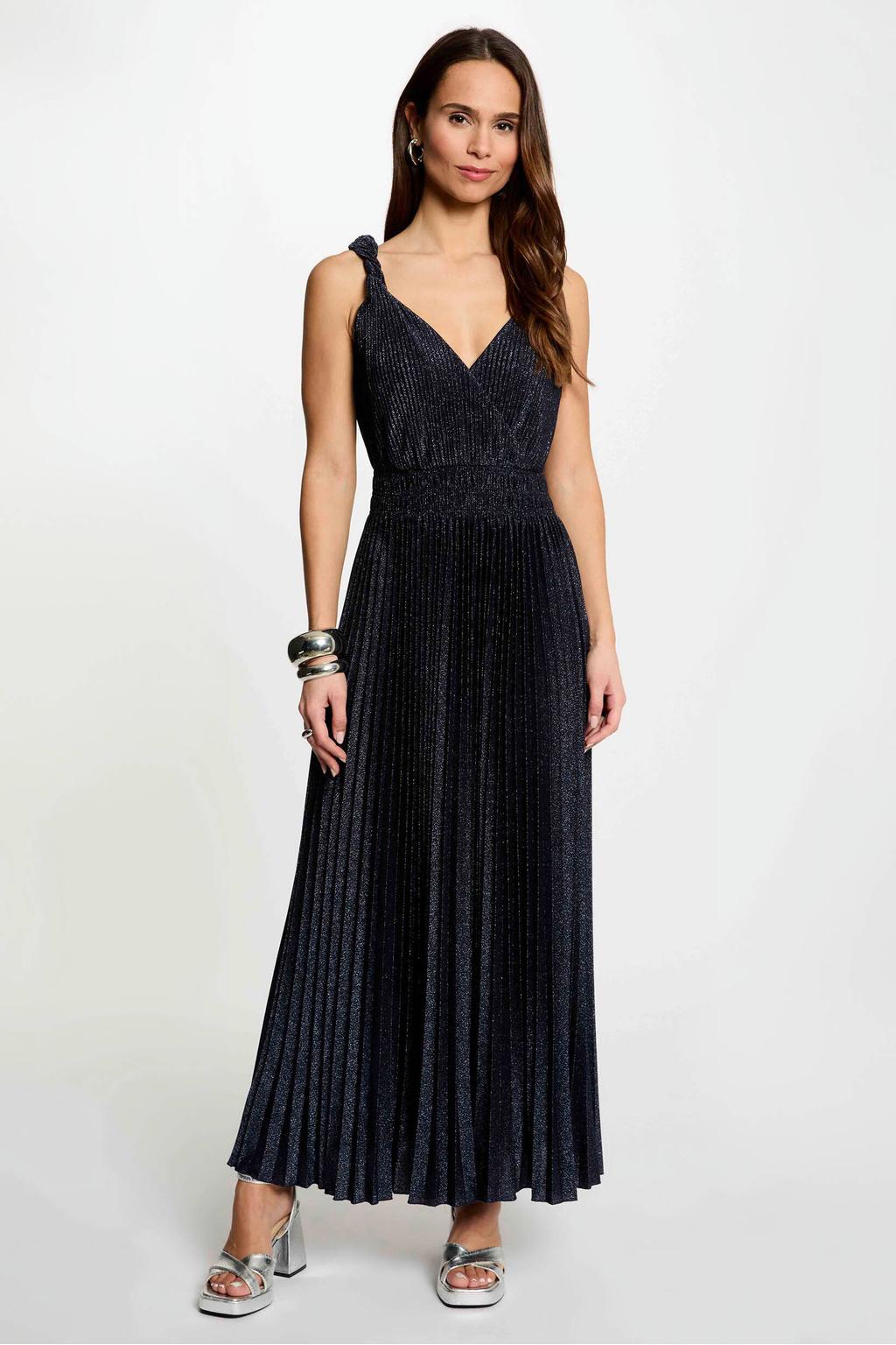 Marineblauw dames Morgan maxi jurk blauw van polyester met effen, spaghettibandjes, V-hals, ritssluiting en glitters