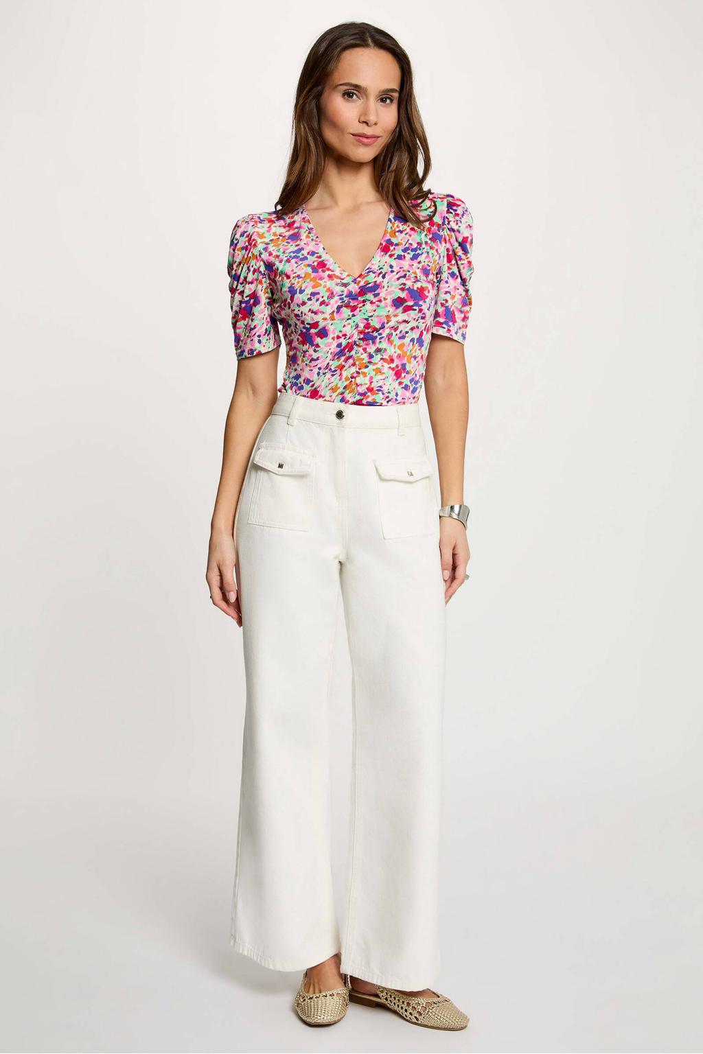 Roze en paarse dames Morgan top van polyester met meerkleurige print, korte mouwen en V-hals