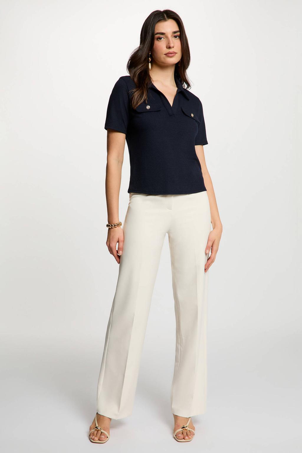 Marineblauw dames Morgan polo blauw met effen, korte mouwen en klassieke kraag