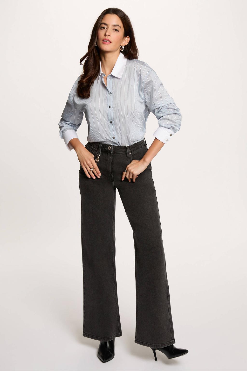 Lichtblauwe dames Morgan gestreepte blouse van viscose met lange mouwen, klassieke kraag en knoopsluiting