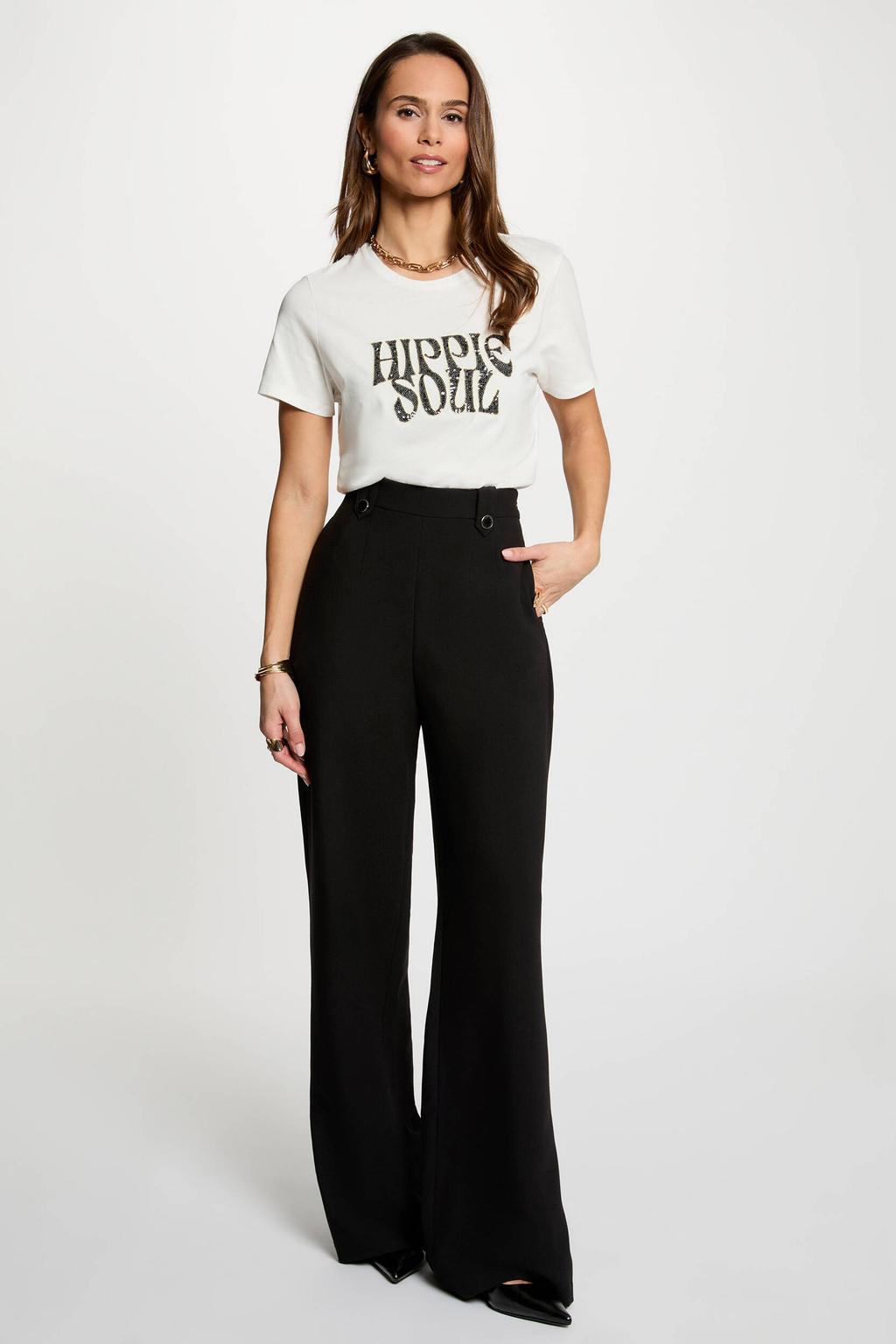 Ecru en zwarte dames Morgan T-shirt van modal met tekst print, korte mouwen, ronde hals en pailletten