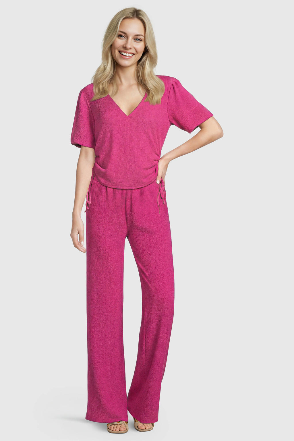 Fuchsia dames Lofty Manner regular waist broek van polyester met loose fit, elastische tailleband en effen