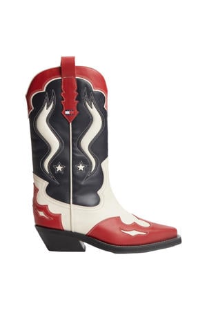 western leren cowboy boots - zwart/rood/wit