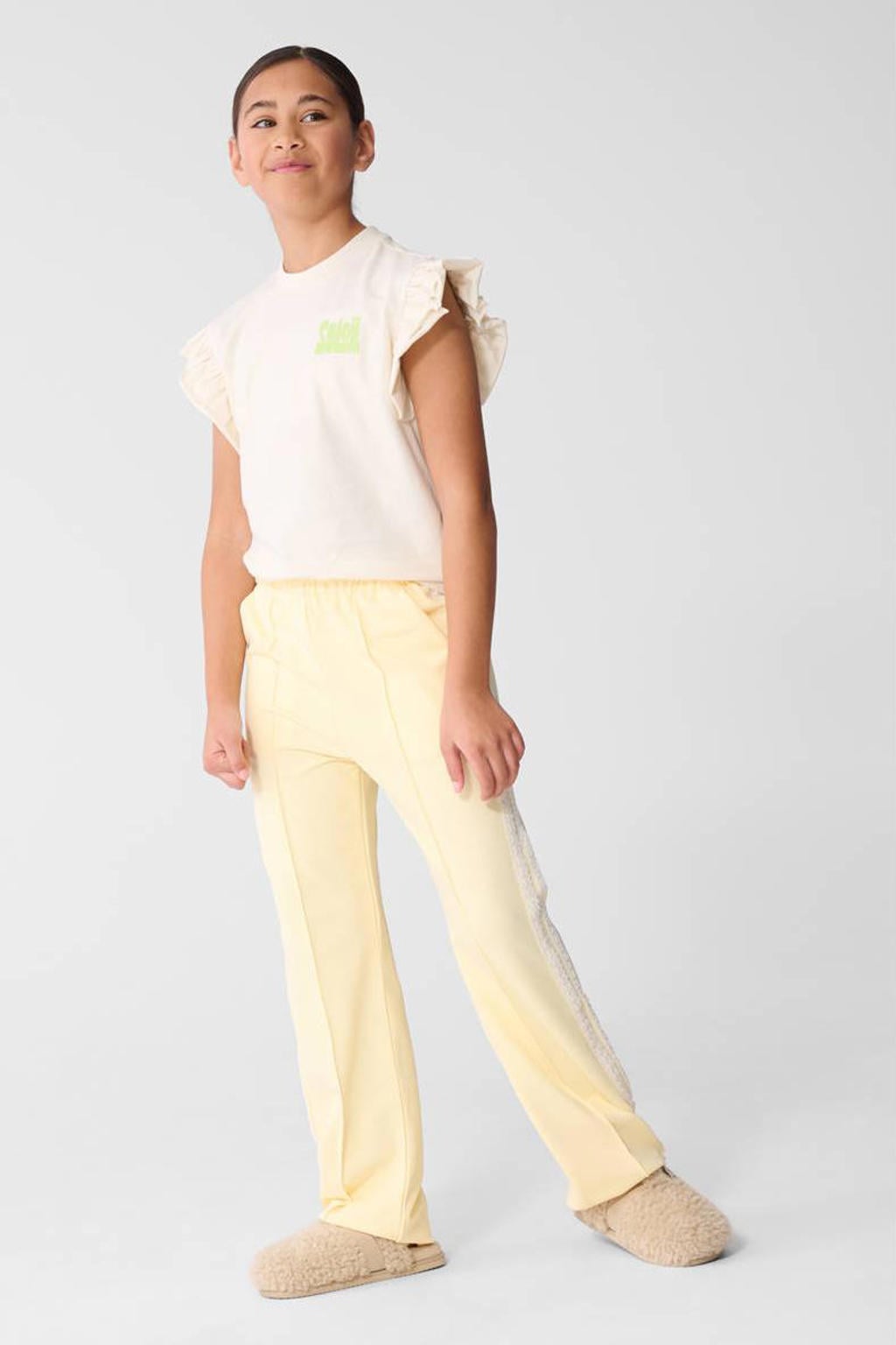 Lichtgele meisjes Shoeby wide leg broek van stretchkatoen met high waist en effen