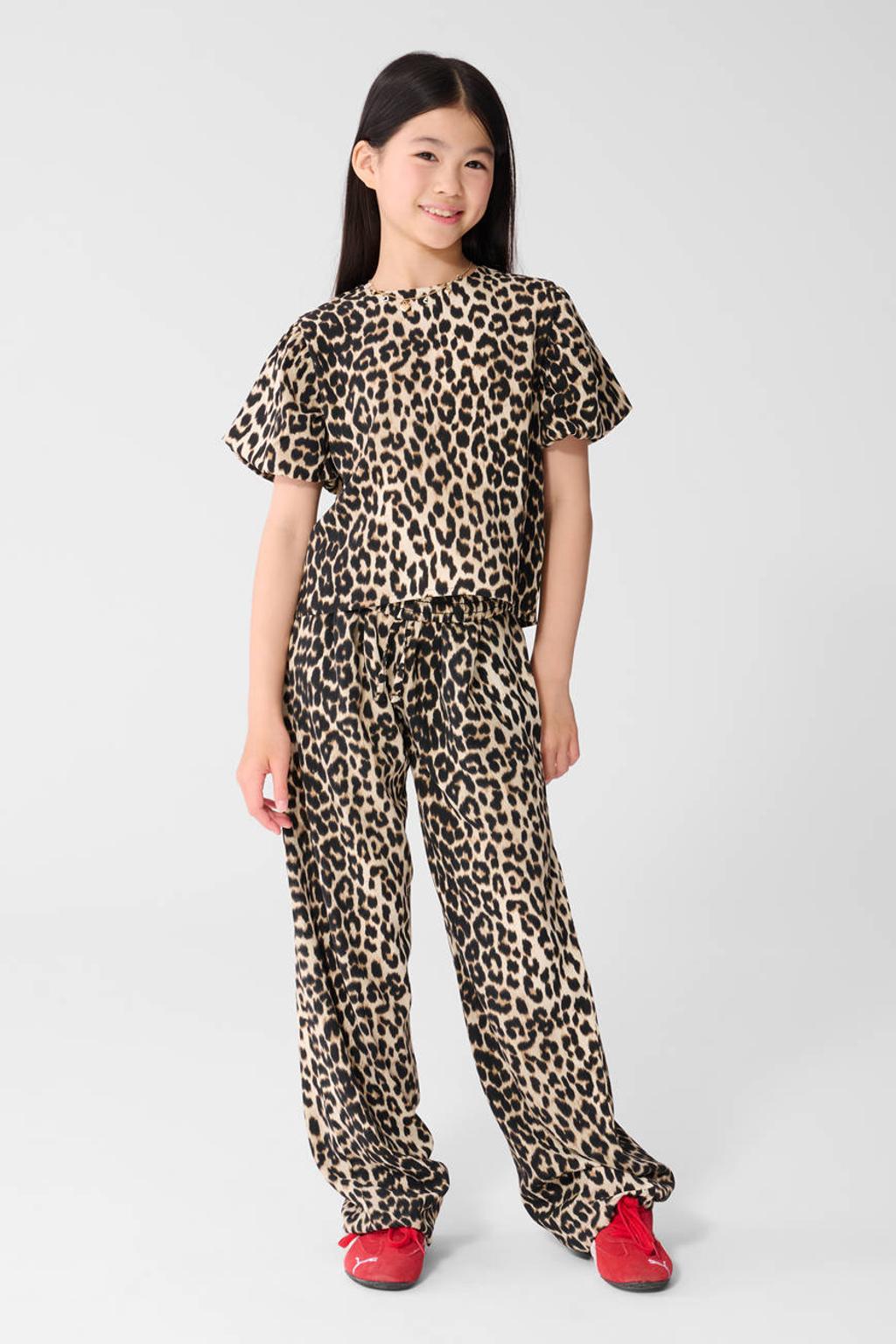 Bruin en zwarte meisjes Shoeby high waist casual broek van polyester met elastische tailleband met koord en panterprint