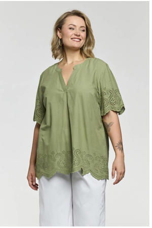 katoenen rechtvallend broderie blousetop Plus Size - groen