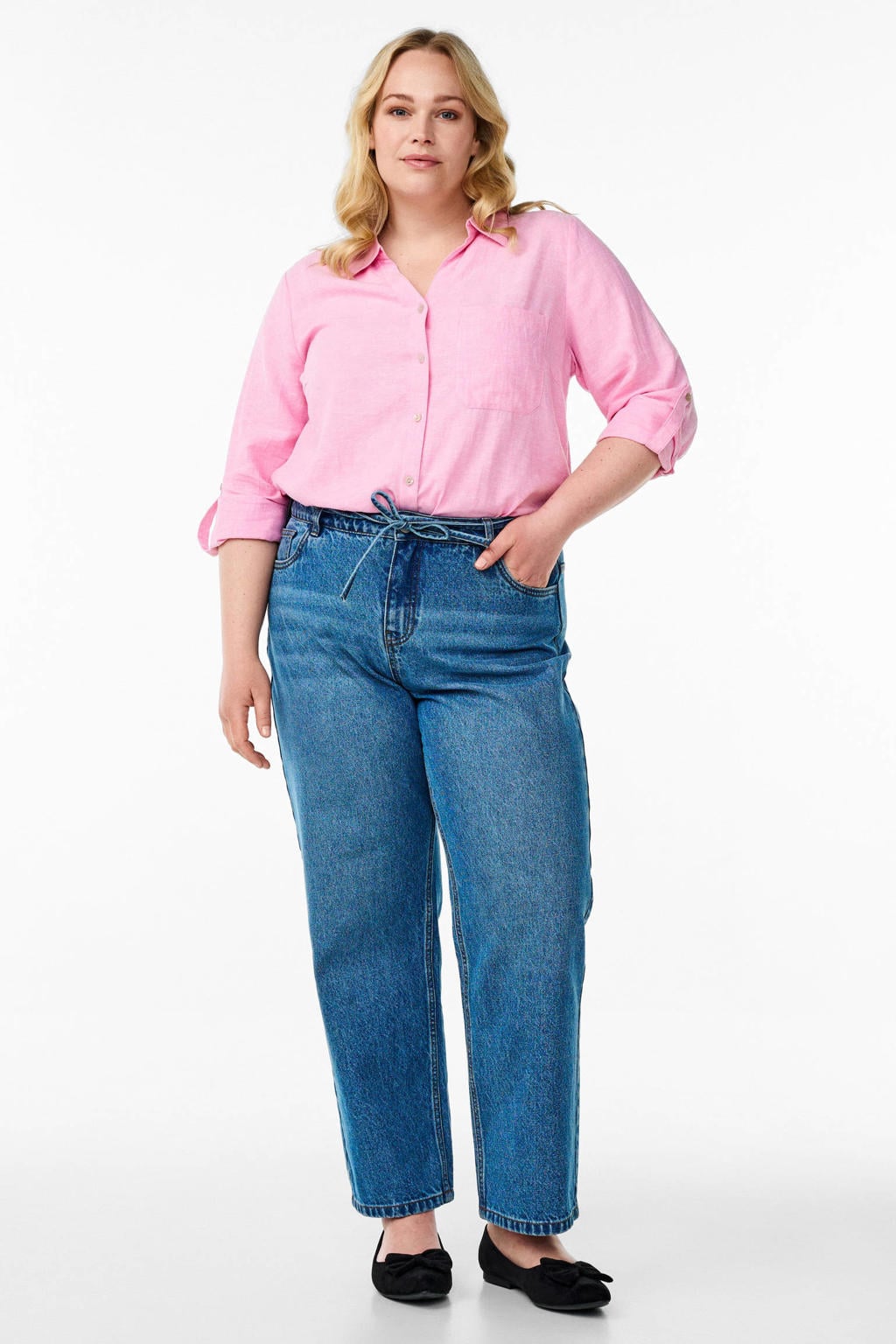Lichtroze dames Zizzi gestreepte blouse van linnen met half lange mouwen, klassieke kraag en knoopsluiting
